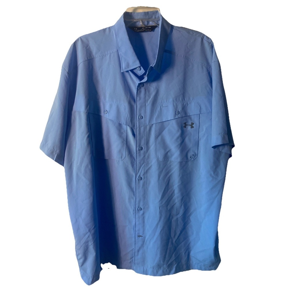 Under Armour Mens 2XL Heatgear Blue Loose Vented Short Sleeve Button Up Shirt